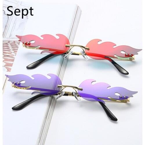 Sept Luxury Fashion Fire Flame Sunglasses Rimless Wave Women Mirror Eyewear Cat Eye Vintage Brand Designer Sun Glasses UV400