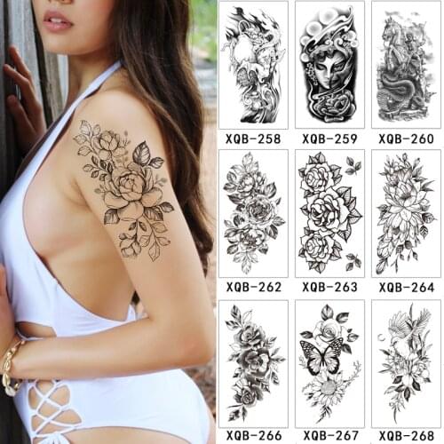 Flower Rose Temporary Tattoos For Women Waterproof Fake Body Art Arm Sketch Tattoo Stickers Shoulder Arm Leaf Tatto For Adults