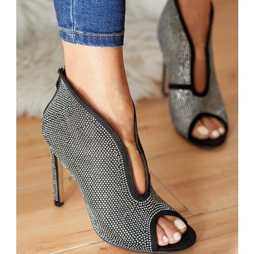 MHYONS Vogue Spring Faux Suede Ankle Boots Deep V Rhinestone Womens Shoes High Heels Chelsea Boots Pumps Slip-On Thin Heel