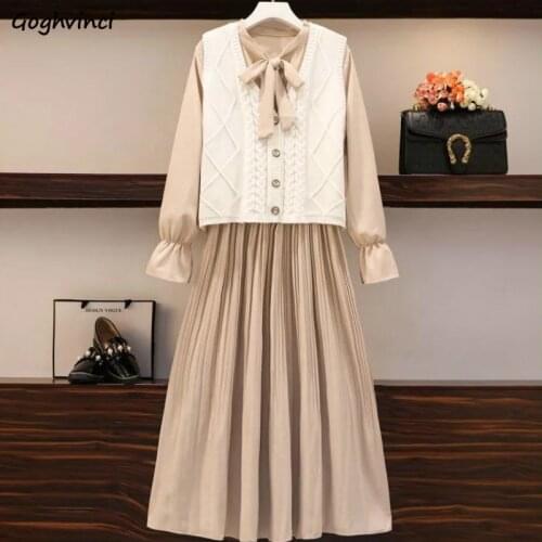 Women Sets 2 Piece Plus Size 3XL V-neck Knitted Vest Bow Elastic High Waist A-line Long Sleeve Dress Preppy Korean Chic Casual