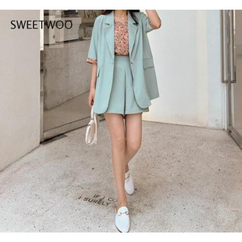 3 piece female shorts suit short sleeve suit coat and loose shorts and shirt summer shorts suit female sportswear