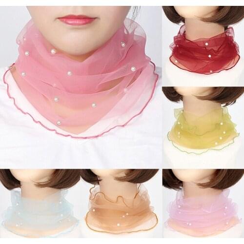 2021 Elegant Lace Scarf Women Mesh Fake Collar Pearl Beaded Female Scarves Sun Protection Accessories For Girls Summer Autumn