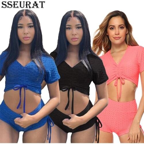 SSEURAT Casual Solid Sportswear Two Piece Sets Women Crop Top And Shorts Matching Set Summer Outfits 2021