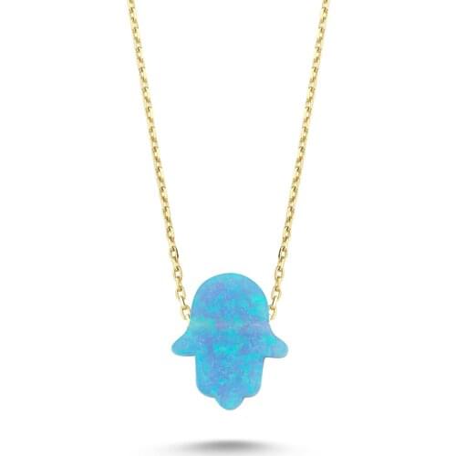 14k (585) Gold Opal Stone Hamsa Hand Pendant, Necklace