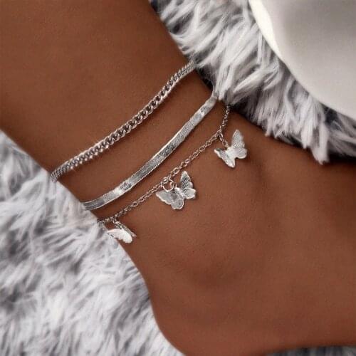3pcs/set Boho Metal Butterfly Anklets for Women Summer Simple Snake Chain Ankle Bracelet Barefoot Sandals on Leg Chain Jewelry