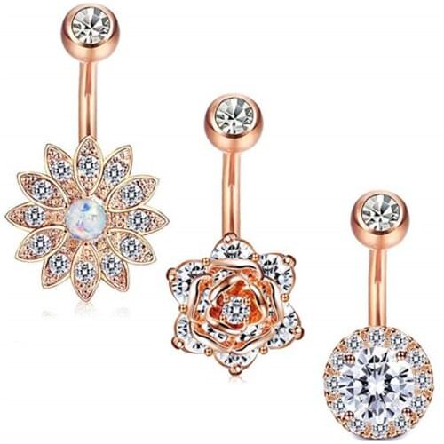 3PCS/Set Surgical Steel Dangle Navel Rings Rose Gold Navel Bars Women Belly Button Ring Navel Piercing Fashion Jewelry