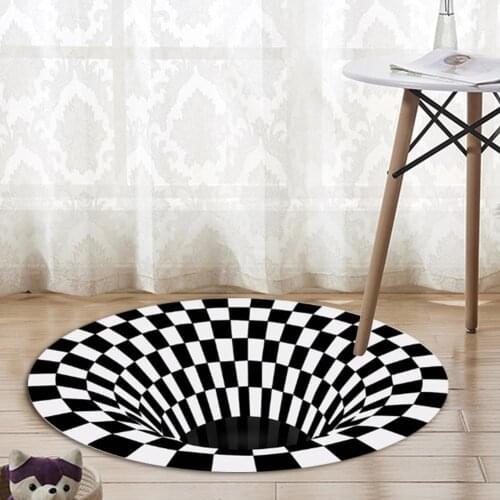 3D Visual Illusion Vortex Rug Swirl Print Bottomless Hole Carpet White Black Abstract Geometric Living Room Decor Pad