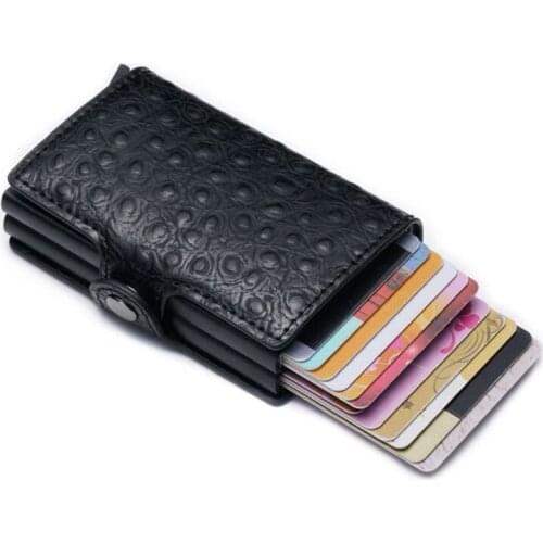 Automatic Credit Card Holder Bank Card Case Protector Double Case Ostrich Pattern PU Leather Blocking Slim Mini Wallet Aluminum
