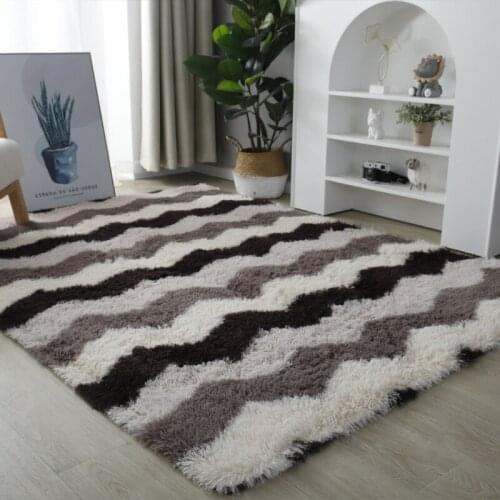 Large Wave Stripe Furry Carpet Shaggy Royal Court Grid Rug Girl Bedroom Fluffy Rug Kids Children Carpet Thick Long Hair Mat