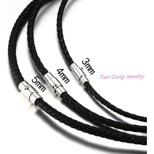 Trendy Jewelry Stainless Steel Clasps Necklace Genuine Leather 3/4/5 mm Black Leather Cord Necklace 9 Size Leather Chains