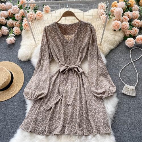 Croysier Dresses For Women 2021 Elegant Vintage Floral Print Casual Mini Dress With Belt Spring Autumn V Neck Long Sleeve Dress