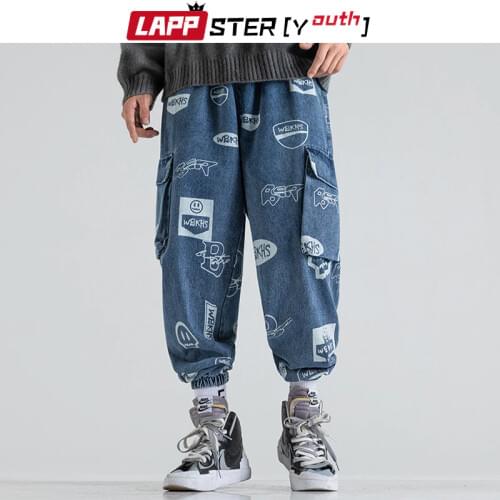 LAPPSTER-Youth Men Patchwork Pockets Graphic Jeans Joggers 2020 Mens Streetwear Printed Denim Pants Male Loose Vintage Trousers
