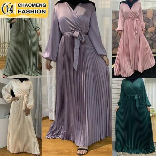 Eid Middle East Fashion Satin Pleated Modest Hijab Dress Caftan Kaftan Turkey Islamic Clothing Muslim For Women Arab Maxi Robe
