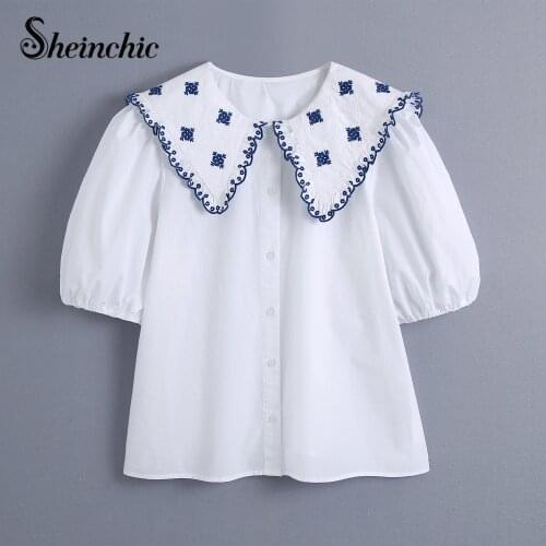 Elegant White Floral Embroidery Tops Mujer Short Sleeve Vintage Blouse Women Summer Clothes 2021