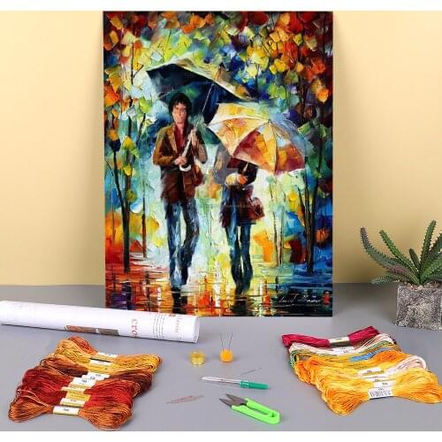 Rainy Encounter Printed Canvas 11CT Cross-Stitch DIY Embroidery Patterns DMC Threads Handicraft Knitting Sewing Hobby Decor