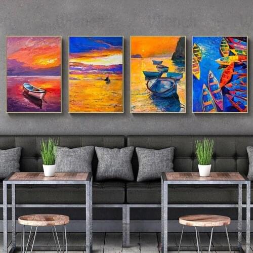 Decor Canvas Painting Boat Sunset Landscape Impression Oil Painting Home Decoration Wall Art Living Room Hotel Mural Dining Room