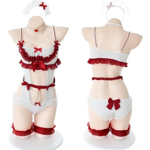 Lolita Girls Chiffon Lace Ruffle Jumpsuit Red Bowknow Hollow Out Sleepwear Pajamas With Headband Kawaii Women Lingerie Set