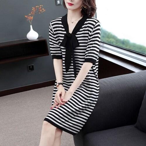 Summer long striped dress thin knitted sweater slim Ice Silk top versatile fashion