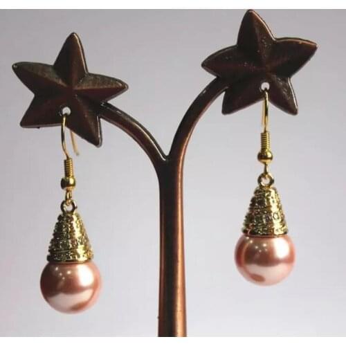 Fashion temperament womens gold plated 12 mm Pink Shell Pearl Earrings