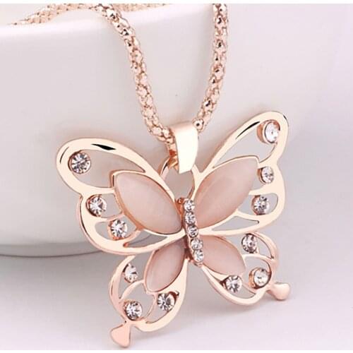 Fashion Women Girls Rose Golden Opal Butterfly Pendant Necklace Sweater Chain