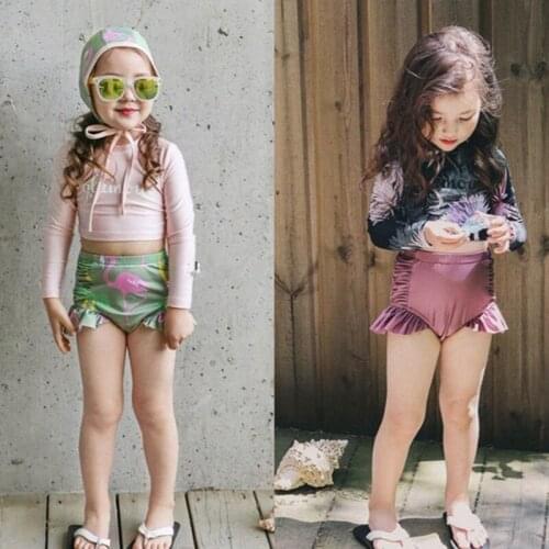 Fashion Kids Girls Two Piece Swimming Surfing Suit Swimwear Sun-proof Top Pants Hat Summer Beach Wear Children Swimsuit SA4036