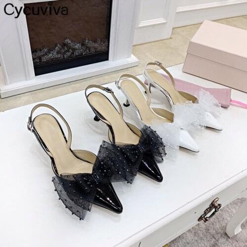 Summer Pointed Toe Women Sandals Crystal Bowknot Kitten Heel Ladies Mules Slingback Brand Designer Party Wedding Shoes Woman