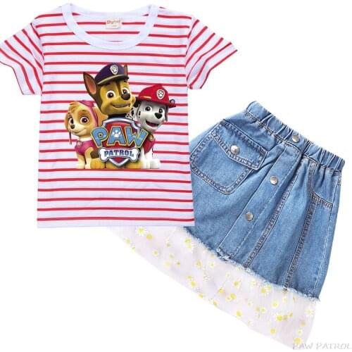 PAW PATROL Newest Kids Clohes Summer Short Sleeve O-Neck T-Shirt Tops with Denim Shorts 2pcs Suit Girls Cotton Outfits