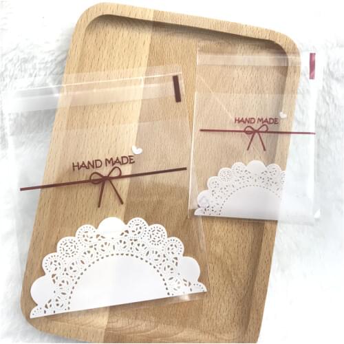 2 sizes 100pcs Plastic Cookie Bags Transparent Lace Bow-knot Cookie Bag Wedding Cake Candy Macaron Packaging Bag