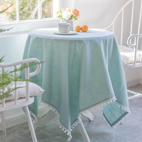 Christmas Cotton Linen Table Cloth Light Blue Tablecloth with Hairball Washable Coffee Dinner Table Cover for Wedding Banquet