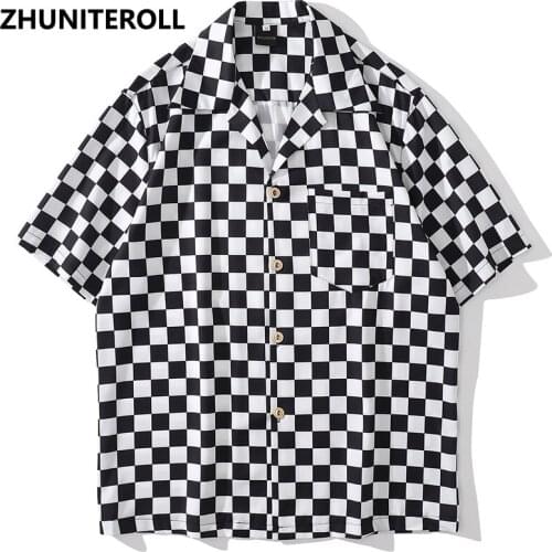 Hip Hop Retro Shirt Streetwear Men Plaid Print Hawaiian Beach Shirt Harajuku Short Sleeve Summer Aloha Shirt Fashion Clothing