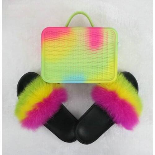Womens Summer Shoes Female Fox Fur Slides Furry Slippers Pvc Jelly Handbag Rainbow Color Crossbody Bags for Women 2020 Shoes