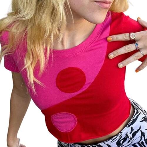 Women Close-fitting Variegated Color T-shirt, Rosy Short Sleeve Round Collar Casual Crop Tops Summer 2021