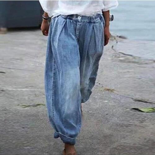 Women Loose Jeans Solid Color Wide Leg Trousers Spring Summer High Waist Pockets Pants for Vacation Causal- Denim Pants