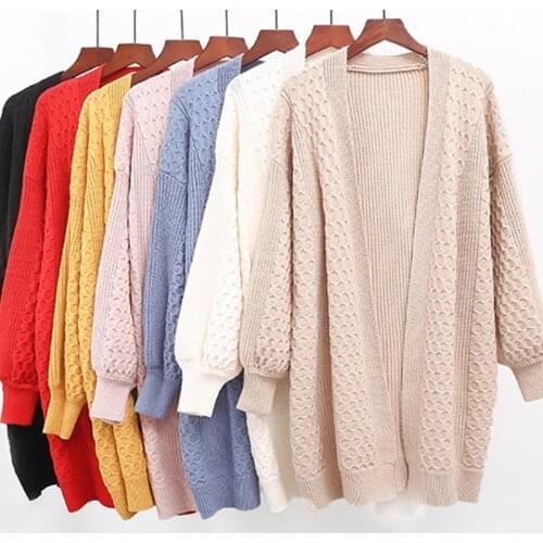 2019 new casual long section womens open spring and autumn new loose knit cardigan coat female Korean version of thick coat