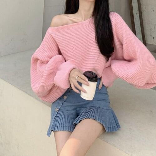 Retro Pullover Knitted Sweater Women Lantern Sleeve Knit Top One-Shoulder Elegant Sweater Loose Outerwear Fall Winter Top Trendy