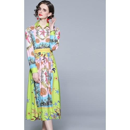 Spring Runway Floral Midi Dress Womens Long Sleeve Vintage Floral Print Elegant Party Pleated Dress Vestidos K1782