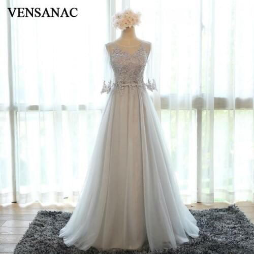 VENSANAC 2017 New A Line Lace Appliques O Neck Long Evening Dresses Elegant Half Sleeve Draped Embroidery Sash Party Prom Gowns