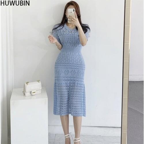 2021 New Style Unique And Simple With Bottom Strap Inside Korean East Gate Summer Style Hollow Knitted Round Neck Fishtail Dress