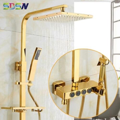 Gold Thermostatic Shower Set SDSN 38 Temperature Bathroom Shower System Quality Brass Shower Faucet Square Gold Bath Shower Set