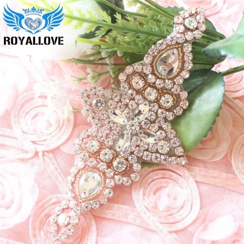 30pcs/lot Royallove Hand Beaded Rhinestones Appliques Clear Rose Gold Crystal Sewing On Bridal Dress Sash DIY wedding Dress Belt