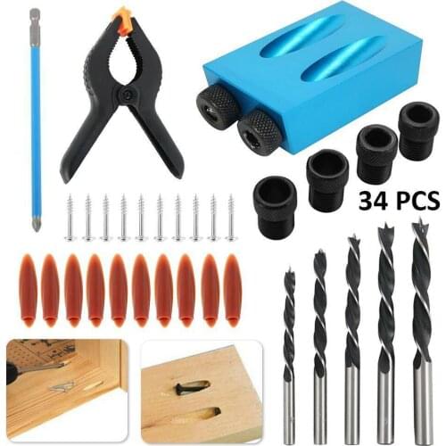 34Pcs Professional Woodworking Pocket Hole Jig Drill Guide Set Hole Puncher Locator Bit Tools for DIY Home Create Holes Projects
