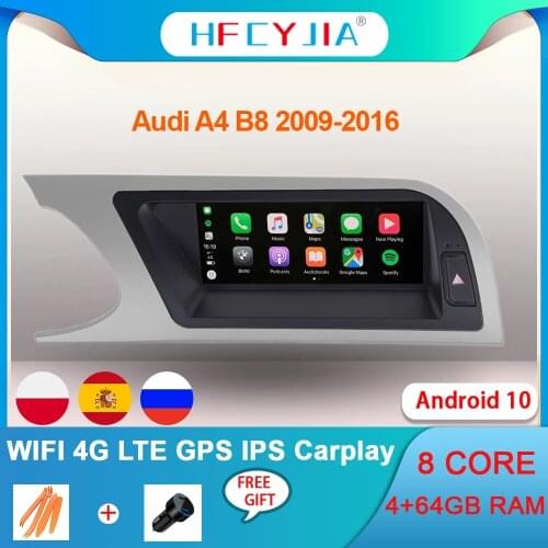 8 Core Android 10 System Car Radio Stereo For Audi A4 2009-2016 4+64GB RAM WIFI 4G LTE Google BT AUX GPS Navi Receiver Carplay