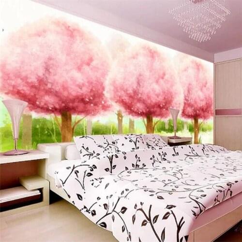 Beibehang Romantic pink watercolor painting love tree TV background wall custom large mural green wallpaper papel de parede