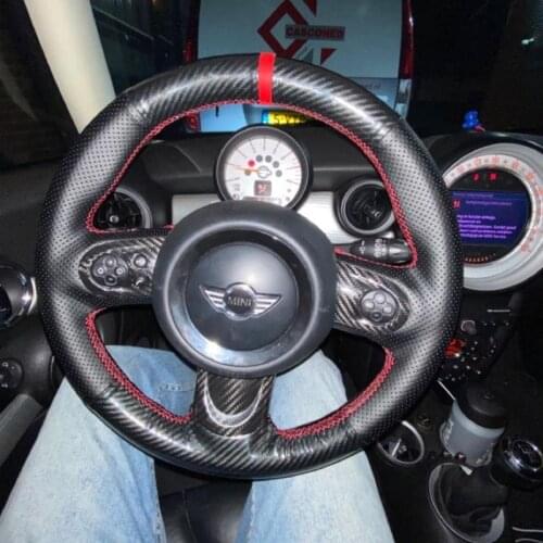 5D Carbon Fiber&Hole Leather Steering Wheel Hand Sewing Wrap Cover Fit For Mini Cooper S one 2011