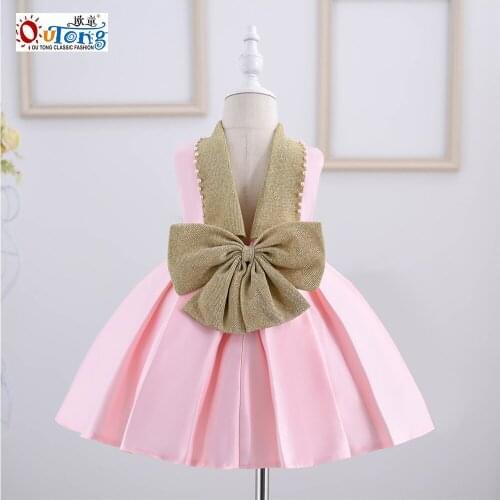 Outong Baby Clothes For Newborn Pearls Bow V-Back Summer Dress For 6-24 Months Baby Girls Birthday Party Infant Christmas Dress