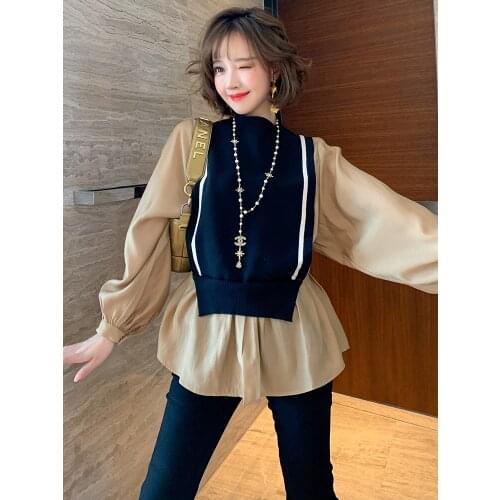 Design feeling fashionable knitted vest joining together the lantern sleeve shirt off two shirts 2020 new autumn and winter