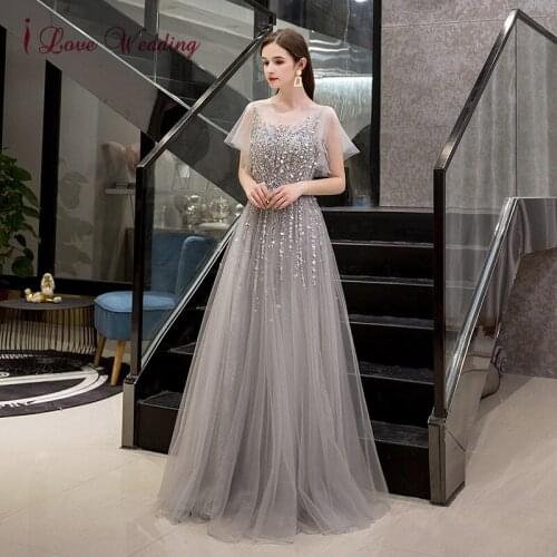 Dubai Luxury Sequined Sparkle Evening Dresses 2020 Short Sleeve Tulle Beading Evening Gowns A Line Formal Long Party Dresses