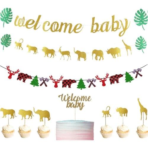 Jungle Party Animal Glitter Paper Banner Garland Flags Baby Shower Cake Topper Banners Safari Theme Birthday Party Decor xx51