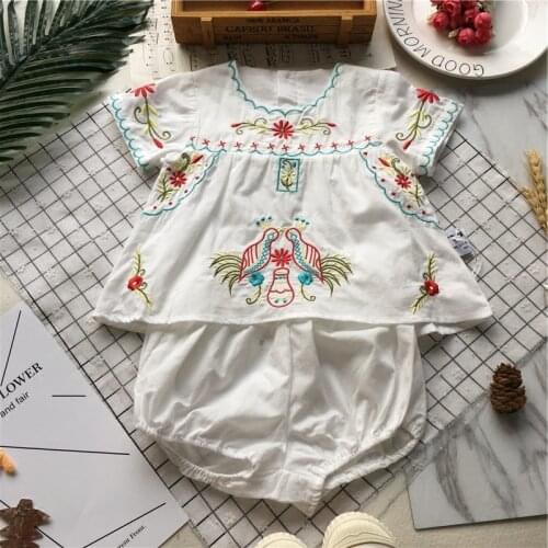 Tonytaobaby Summer Wear New Style Baby Girls Flowers and Birds Embroidered Set Pure Cotton Two-Piece Set