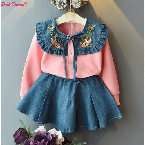 Toddler Kids Baby Girls Long Sleeves Flower Clothes Set Cartoon Ruffles Tops T-shirt Denim Pants Skirts Outfits Set Clothes